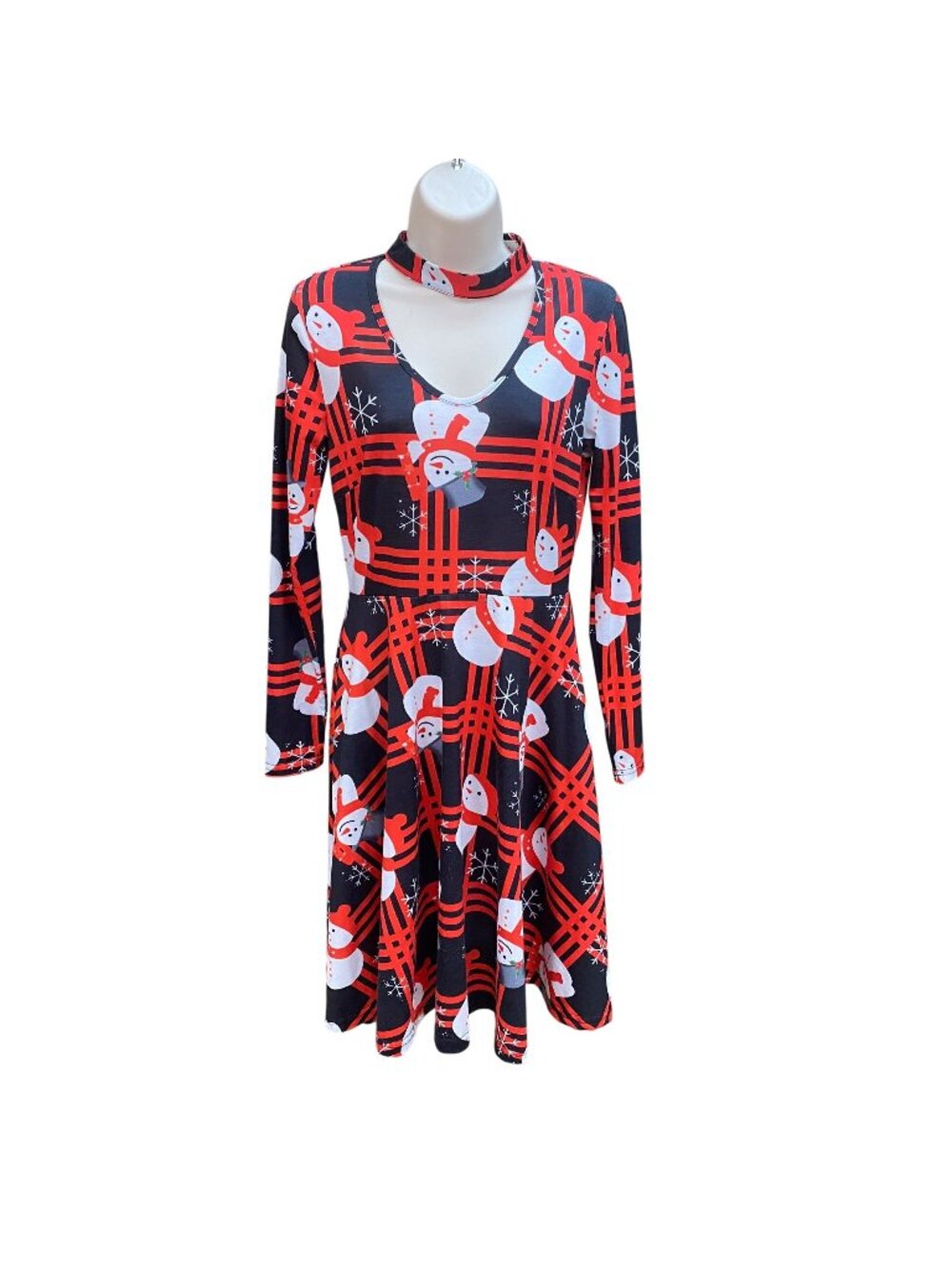Snowman Print Long Sleeve Swing Dress With Keyhole Choker Neck Red & Black Sz S